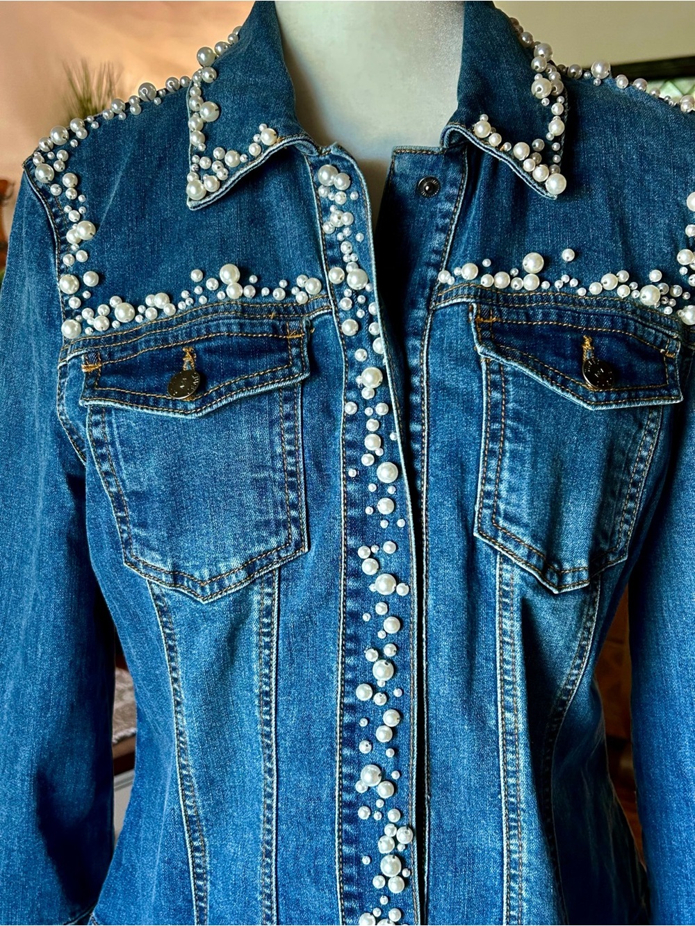 Pearl-Trim Blue Denim Jean Jacket - Women's Embellished Jacket